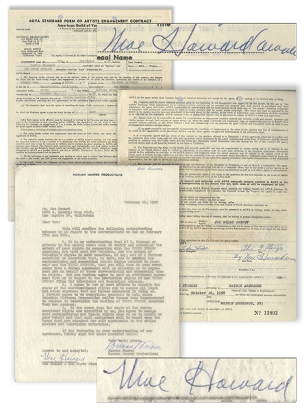 Lot of 2 Moe Howard Signed Contracts From 1958: 1pp. Regarding Merchandising Rights, & 2pp. (1 Sheet) AGVA Contract Signed ''The 3 Stooges / By Moe Howard (owner)'' -- 8.5'' x 11'', Very Good